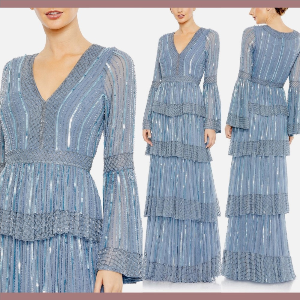 NWT $698 Mac Duggal [ 14 ] Embellished‎ Bell Sleeves Tiered Gown Blue